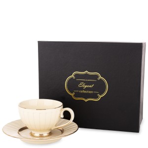 Filiżanka ze spodkiem z porcelany beżowo złota w ozdobnym opakowaniu 176546