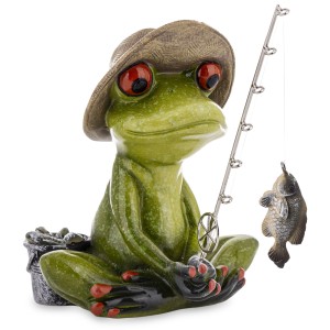 Figurka dekoracyjna żaba wędkarz z wędką i rybą 13,5x12x14 169674