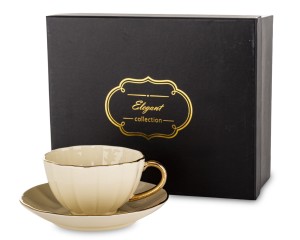 Filiżanka ze spodkiem z porcelany beżowo złota w ozdobnym opakowaniu 250ml 184483