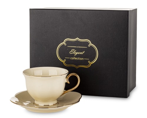 Filiżanka ze spodkiem z porcelany beżowo złota w ozdobnym opakowaniu 250ml 184486