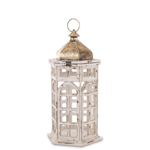 Lampion latarnia drewniana retro biało złota 65x30x26 172954