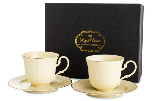 Filiżanka filiżanki porcelana beżowo złote kpl. 2 szt z podstawką  220 m 185558