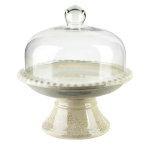 Patera z kloszem szklanym ceramiczna duża beżowa 31,5cm HTC2490